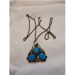 Sterling silver chain, 24”, and feather pendant with faux turquoise stones