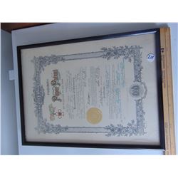 VINTAGE ODD FELLOWS PAPER PATENT FRAMED CERTIFICATE