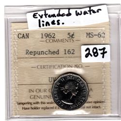 1962 REPUNCHED 162 5 CENT ICCS WITH EXTENDED WATERLINES