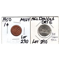 1950 brilliant unc 1 cent & 1962 DOUBLE DATE 5 CENT