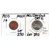 Image 1 : 1950 brilliant unc 1 cent & 1962 DOUBLE DATE 5 CENT