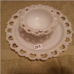 CANDY DISH AND PLATTER, MILK GLASS, 13" PLATTER