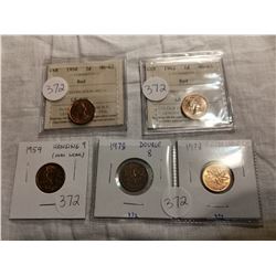 5 DIFFERENT 1 CENT COINS