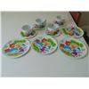 Image 2 : RED RIDING HOOD PAINTED METAL TEA SET, 4 CUPS SAUCERS PLATES