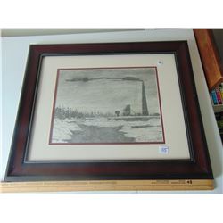 LARGE FRAMED HAND SKETCHED PENCIL DRAWING OF OLD FLIN FLON MINE?
