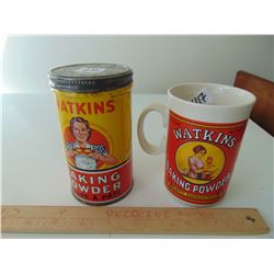 VINTAGE WATKINS BAKING POWDER TIN AND COLLECTORS MUG
