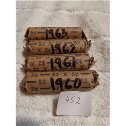1960, 61, 62, 63 FULL ROLLS OF 5 CENT CANADA COINS