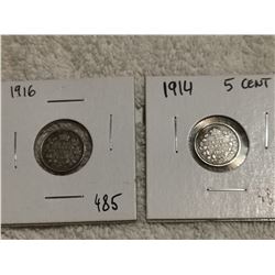 1916, 14 5 CENT SILVER CANADA COINS