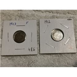 1912, 13 5 CENT SILVER CANADA COINS