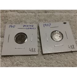 1910, 07 5 CENT SILVER CANADA COINS