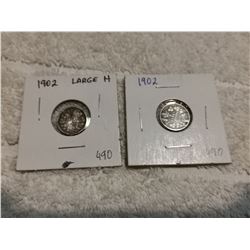 1902H & 1902 5 CENT COINS