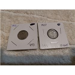 1913 & 1907 10 CENT SILVER COINS