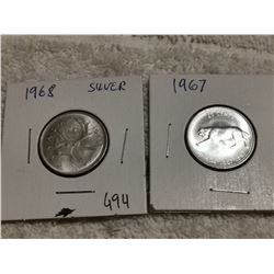 1968 & 1967 SILVER 25 CENT COINS, AU