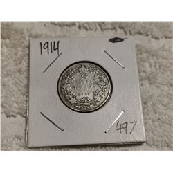 1914 SILVER 25 CENT COIN, VG