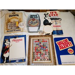 BEER LOT, 5 POSTERS & FRAMED CAPS 18" X 22"