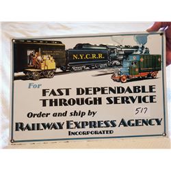 RAILWAY EXPRESS TIN SIGN, EMBOSSED 14" X 9"