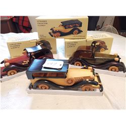3 WOODEN OLD CARS, 12" LONG IN BOXES, LOT 1