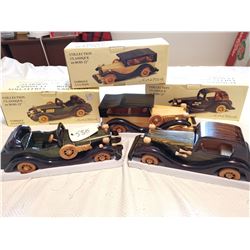 3 WOODEN OLD CARS, 12" LONG IN BOXES, LOT 2