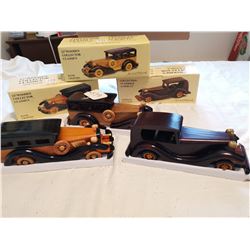 3 WOODEN OLD CARS, 12" LONG IN BOXES, LOT 3