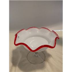 DESIGNER MILK GLASS WITH RED RIM LARGE BOWL, 10" WIDE