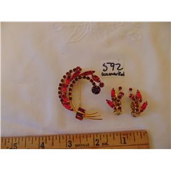 MARQUISE, BAGETTES ROUND RED RHINESTONE BROOCH AND EARRINGS UNMARKED