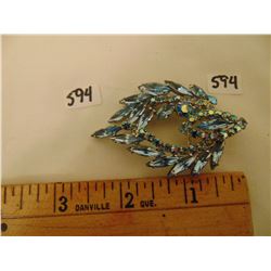 BLUE TONE RHINESTONE BROOCH UNMARKED