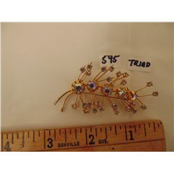 VINTAGE TRIAD GOLDTONE IRRIDESCENT RHINESTONE BROOCH