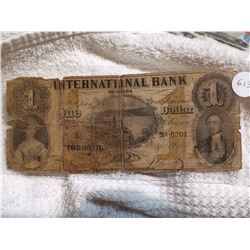 1858 RARE $1 INTERNATIONAL BANK NOTE