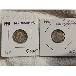 1941, 42 NFLD 5 CENT COINS