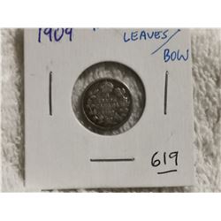 1909 CANADA SILVER 5 CENT ROUND LEAVES/BOW