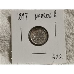 1897 CANADA SILVER 5 CENT COIN, NARROW 8