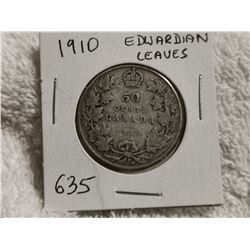 1910 SILVER 50 CENT COIN, EDWARDIAN LEAVES