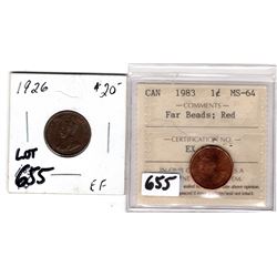 1926 1 CENT AND 1983 FAR BEADS ICCS CERTIFIED 1 CENT