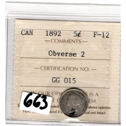 1892 OBVERSE 2 ICCS CERTIFIED FIVE CENT PIECE