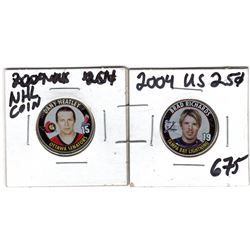 TWO NHL HOCKEY TOKENS ONE ON US 25 CENT PIECE.