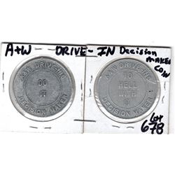 TWO VINTAGE A&W DRIVE INS ALUMINUM FLIP COIN DESCISION MAKER