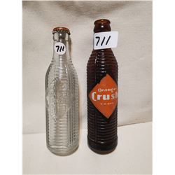 2 ANTIQUE CRUSH BOTTLES, CLEAR & BROWN