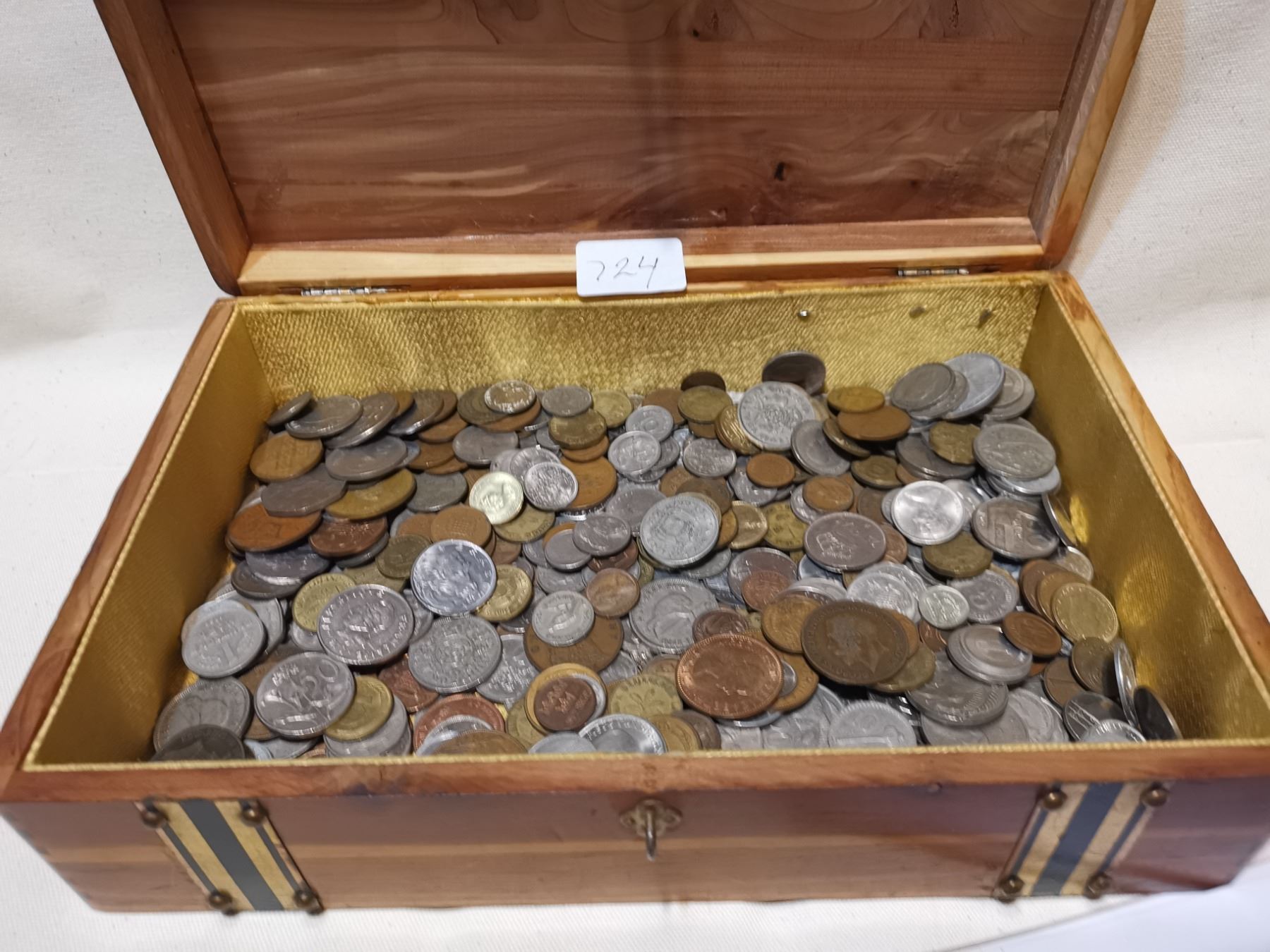 ABOUT 4 POUNDS OF FOREIGN COINS IN WOODEN BOX