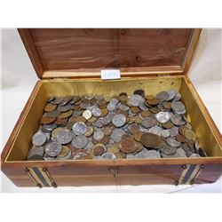 ABOUT 4 POUNDS OF FOREIGN COINS IN WOODEN BOX