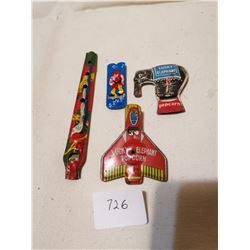 4 VINTAGE JAPAN TOY TIN WHISTLES, 2 LUCKY ELEPHANT