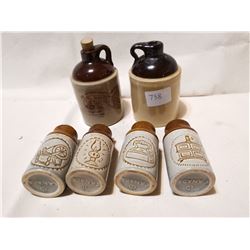 2 VINTAGE JUGS & 4 POTTERY CORKED SPICE CROCKS