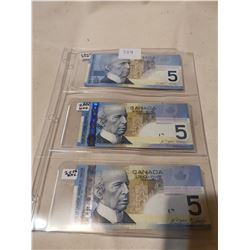 3 DIFFERENT UNC $5 BILLS, 2002 & 2 - 2006