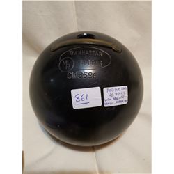 ANTIQUE 10 PIN BOWLING BALL, RUBBER W/ HANDLE