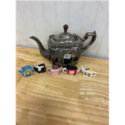 SILVER PLATED TEA POT & 5 RED ROSE CERAMIC PIECES
