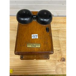 OAK TELEPHONE BOX WITH BELLS - SASK GOV. TELEPHONE