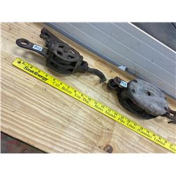2 BLOCK PULLEYS ONE WOOD ONE CAST