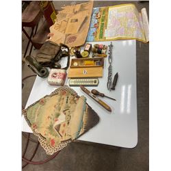 LARGE LOT OF COLLECTIBLES - PENCIL BOX, POISON BOTTLE, CALENDAR BUCKS, SHAVING ETC