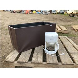 COFFEE POT + BROWN CLOTH STORAGE TUB NO LID