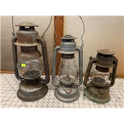 LOT OF 3 OLD LANTERNS - ONE CRACKED GLOBE