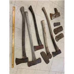 LOT OF AXES AND HEADS INCLUDING A DOUBLE AX HEAD